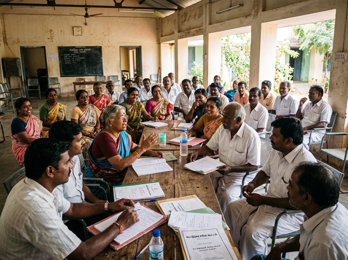 Cooperative members meeting in a community hall