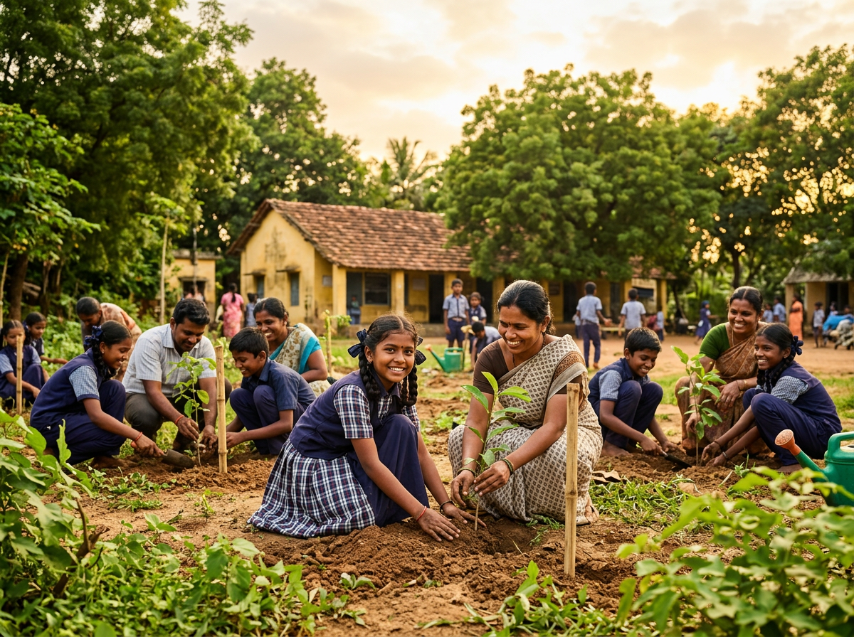Students and volunteers planting saplings